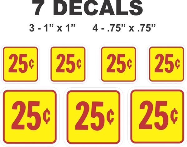 7 Yellow Square 25 Cent Gumball Machine Decals