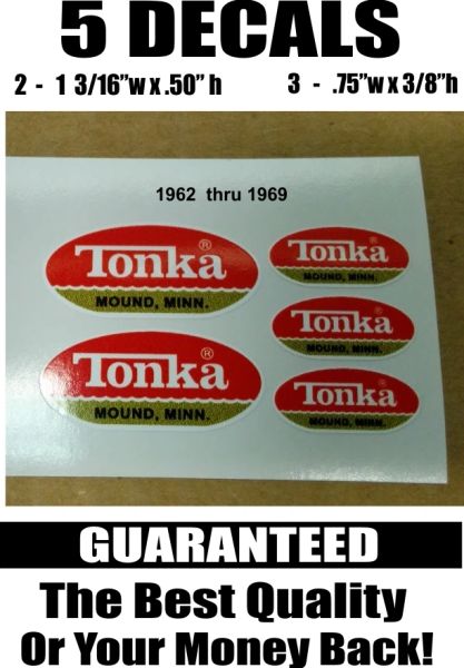 5 Red Gold Tonka Mound Minn. Flat Bottom Decals Used 1962 thru 1969