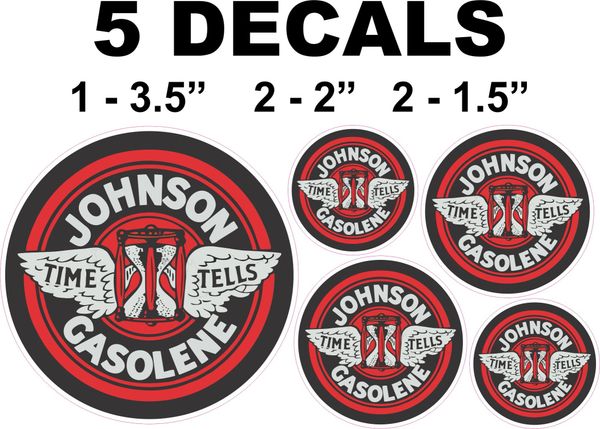 5 Johnson Time Tells Gasoline Gasolene Decals