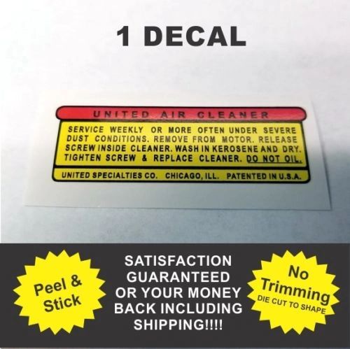 United Specialties United Air Cleaner Oil Filter Replacement Decal - Very Nice!