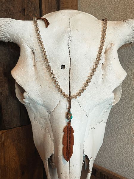 Golden Crystal with Turquoise Feather Leather Necklace