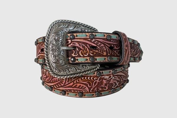 Muted Turquoise Buckstitch & Pink Tooled Belt