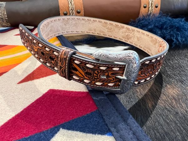 White Buckstitch Tooled Belt