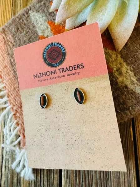 Zuni Coral Sterling Silver Stud Earrings