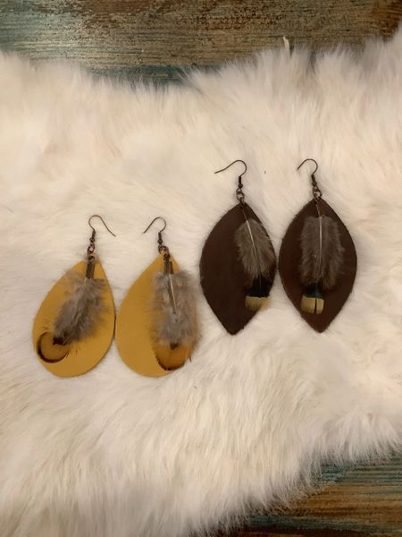 Leather Teardrop Earrings w/ Feathers