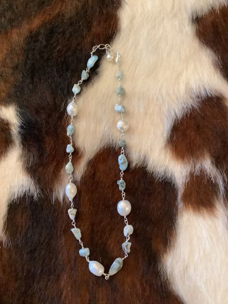 Larimar & Pearl Choker Bracelet/Choker