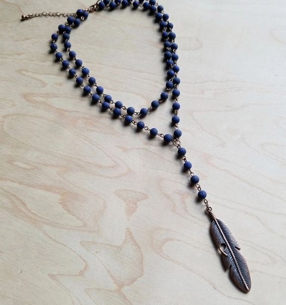 Beaded Lariat Lapis Necklace Feather Charm