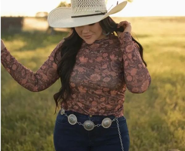 Brown Tooled Mesh Top
