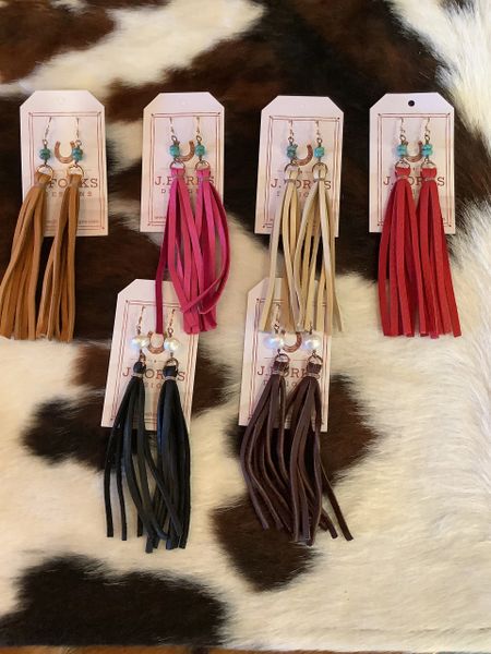 Leather Tassel Earrings w/ Stone