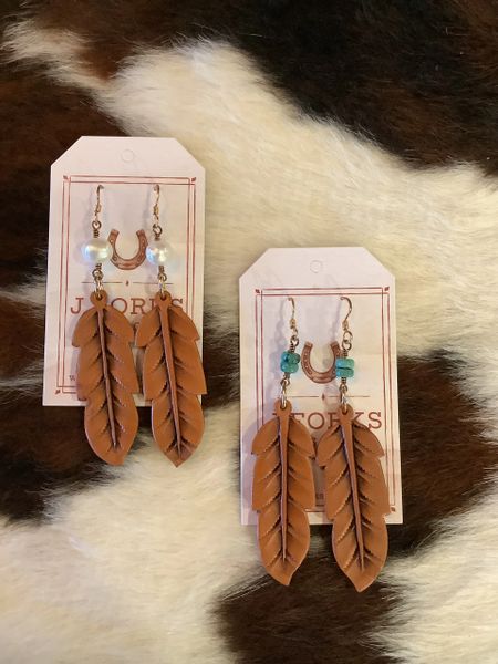 Leather Feather Earrings Assorted Stone