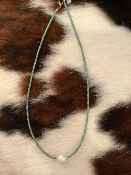 Turquoise Seed Bead Pearl Necklace
