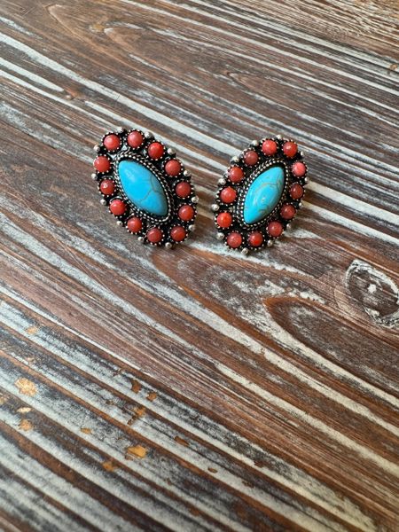 Cluster Earrings Red & Turquoise