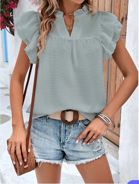 Steel Blue Ruffle Sleeve Blouse