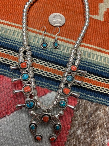 Spiny Oyster & Turquoise Squash Blossom Necklace Set