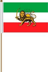 IRAN OLD PERSIAN LION LARGE 12" X 18" INCHES COUNTRY STICK FLAG ON 2 FOOT WOODEN STICK .. NEW AND IN A PACKAGE.