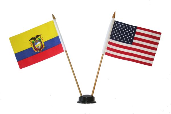 COLOMBIA & USA SMALL 4" X 6" INCHES MINI DOUBLE COUNTRY STICK FLAG BANNER ON A 10 INCHES PLASTIC POLE .. NEW AND IN A PACKAGE