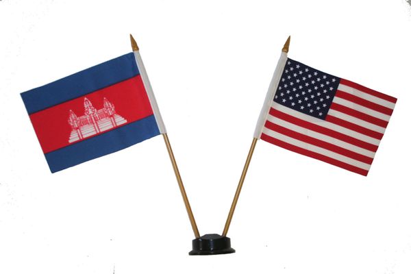 CAMBODIA & USA SMALL 4" X 6" INCHES MINI DOUBLE COUNTRY STICK FLAG BANNER ON A 10 INCHES PLASTIC POLE .. NEW AND IN A PACKAGE
