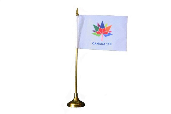 CANADA 150 YEAR ANNIVERSARY 1867 - 2017 WHITE 4" X 6" INCH STICK FLAG WITH GOLD STAND .. NEW