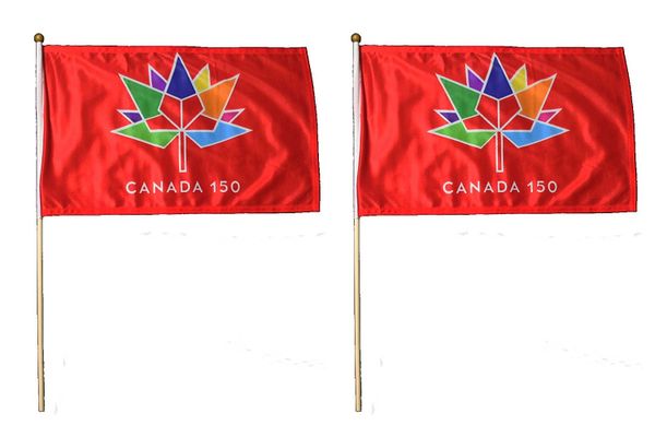 2 CANADA 150 YEAR ANNIVERSARY 1867 - 2017 RED & RED 12" X 18" INCH FLAG WITH 2 FEET WOODEN STICK .. NEW