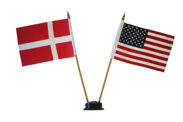 DENMARK & USA SMALL 4" X 6" INCHES MINI DOUBLE COUNTRY STICK FLAG BANNER ON A 10 INCHES PLASTIC POLE .. NEW AND IN A PACKAGE