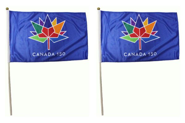 2 CANADA 150 Year Anniversary 1867 - 2017 BLUE 12" X 18" Inch FLAG WITH 2 Feet Wooden STICK