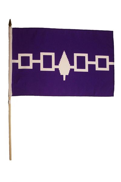 IROQUOIS First Nations 12" X 18" Inch STICK FLAG ON 2 FOOT WOODEN STICK
