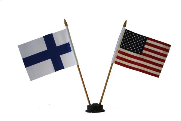 FINLAND & USA SMALL 4" X 6" INCHES MINI DOUBLE COUNTRY STICK FLAG BANNER ON A 10 INCHES PLASTIC POLE .. NEW AND IN A PACKAGE