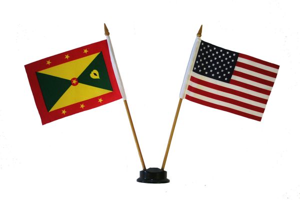 GRENADA & USA SMALL 4" X 6" INCHES MINI DOUBLE COUNTRY STICK FLAG BANNER ON A 10 INCHES PLASTIC POLE .. NEW AND IN A PACKAGE