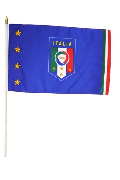 ITALY 4 STAR ITALIA FIGC - 12" X 18" INCHES COUNTRY STICK FLAG ON 2 FOOT WOODEN STICK ..