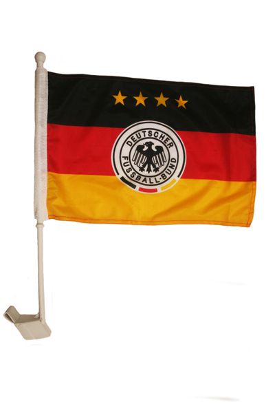GERMANY 4 STARS 12" X 18" INCHES DEUTSCHER FUSSBALL - BUND FLAG HEAVY DUTY WITH STICK CAR FLAG .. NEW AND IN A PACKAGE
