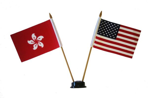 HONG KONG & USA SMALL 4" X 6" INCHES MINI DOUBLE COUNTRY STICK FLAG BANNER ON A 10 INCHES PLASTIC POLE .. NEW AND IN A PACKAGE