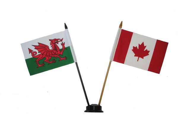 WALES & CANADA SMALL 4" X 6" INCHES MINI DOUBLE COUNTRY STICK FLAG BANNER ON A 10 INCHES PLASTIC POLE .. NEW AND IN A PACKAGE