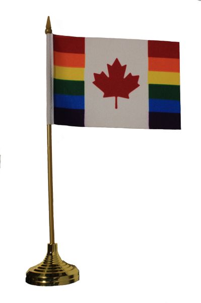 CANADA PRIDE 4" X 6" Inch Mini STICK FLAG BANNER With GOLD STAND On A 10 Inch PLASTIC POLE