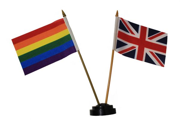 UNITED KINGDOM & GAY And LESBIAN PRIDE Rainbow 4" X 6" Inch Mini DOUBLE STICK FLAG BANNER On A 10 Inch PLASTIC POLE