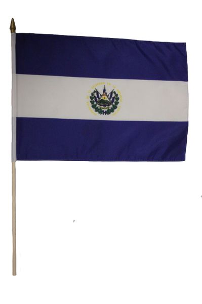 EL SALVADOR 12" X 18" Inch Country STICK FLAG BANNER On 2 Foot Wooden STICK