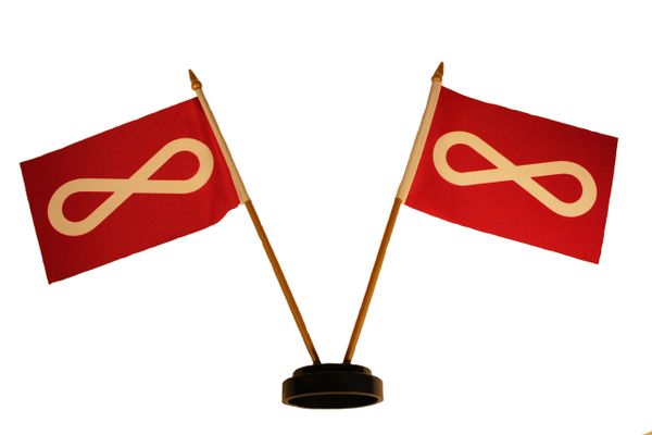 2 METIS Red FIRST NATIONS PEOPLE 4" X 6" Inch DOUBLE STICK FLAG BANNER With Black STAND On A 10" Inch Plastic POLE