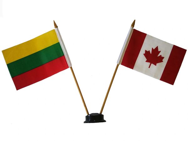 LITHUANIA & CANADA SMALL 4" X 6" INCHES MINI DOUBLE COUNTRY STICK FLAG BANNER ON A 10 INCHES PLASTIC POLE .. NEW AND IN A PACKAGE