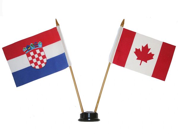 CROATIA & CANADA SMALL 4" X 6" INCHES MINI DOUBLE COUNTRY STICK FLAG BANNER ON A 10 INCHES PLASTIC POLE .. NEW AND IN A PACKAGE