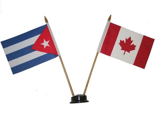CUBA & CANADA SMALL 4" X 6" INCHES MINI DOUBLE COUNTRY STICK FLAG BANNER ON A 10 INCHES PLASTIC POLE .. NEW AND IN A PACKAGE