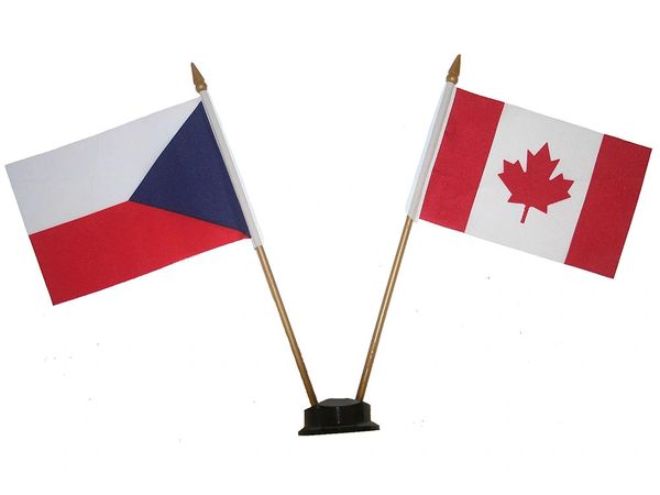 CZECH REPUBLIC & CANADA 4" X 6" INCHES MINI DOUBLE COUNTRY STICK FLAG BANNER ON A 10 INCHES PLASTIC POLE .. NEW AND IN A PACKAGE