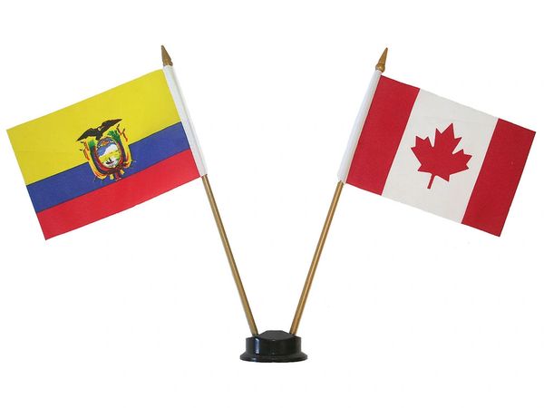 ECUADOR & CANADA SMALL 4" X 6" INCHES MINI DOUBLE COUNTRY STICK FLAG BANNER ON A 10 INCHES PLASTIC POLE .. NEW AND IN A PACKAGE