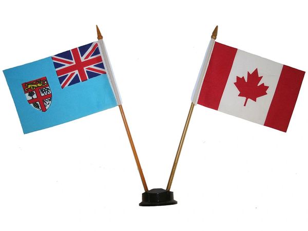 FIJI & CANADA SMALL 4" X 6" INCHES MINI DOUBLE COUNTRY STICK FLAG BANNER ON A 10 INCHES PLASTIC POLE .. NEW AND IN A PACKAGE