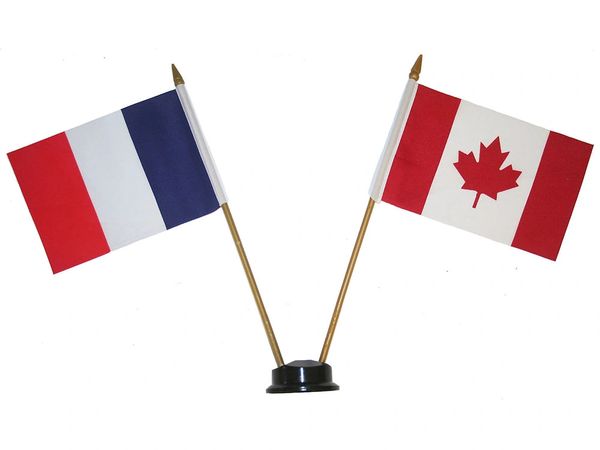 FRANCE & CANADA SMALL 4" X 6" INCHES MINI DOUBLE COUNTRY STICK FLAG BANNER ON A 10 INCHES PLASTIC POLE .. NEW AND IN A PACKAGE