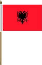 ALBANIA 4" X 6" INCHES MINI COUNTRY STICK FLAG BANNER ON A 10 INCHES PLASTIC POLE .. NEW AND IN A PACKAGE.