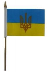 UKRAINE WITH TRIDENT 4" X 6" INCHES MINI COUNTRY STICK FLAG BANNER ON A 10 INCHES PLASTIC POLE .. NEW AND IN A PACKAGE.