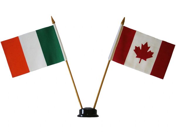 IRELAND & CANADA SMALL 4" X 6" INCHES MINI DOUBLE COUNTRY STICK FLAG BANNER ON A 10 INCHES PLASTIC POLE .. NEW AND IN A PACKAGE