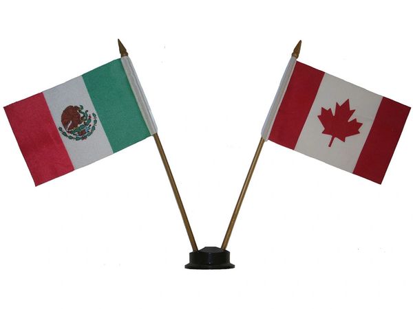 MEXICO & CANADA SMALL 4" X 6" INCHES MINI DOUBLE COUNTRY STICK FLAG BANNER ON A 10 INCHES PLASTIC POLE .. NEW AND IN A PACKAGE