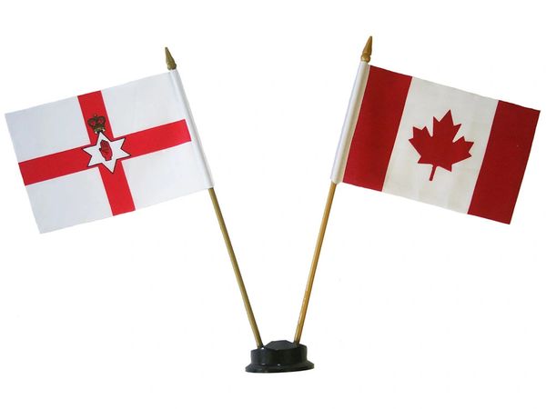 NORTHERN IRELAND & CANADA SMALL 4" X 6" INCHES MINI DOUBLE COUNTRY STICK FLAG BANNER ON A 10 INCHES PLASTIC POLE .. NEW AND IN A PACKAGE