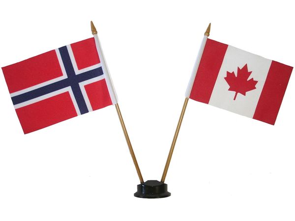 NORWAY & CANADA SMALL 4" X 6" INCHES MINI DOUBLE COUNTRY STICK FLAG BANNER ON A 10 INCHES PLASTIC POLE .. NEW AND IN A PACKAGE
