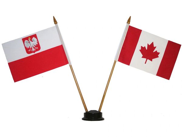 POLAND WITH EAGLE & CANADA SMALL 4" X 6" INCHES MINI DOUBLE COUNTRY STICK FLAG BANNER ON A 10 INCHES PLASTIC POLE .. NEW AND IN A PACKAGE